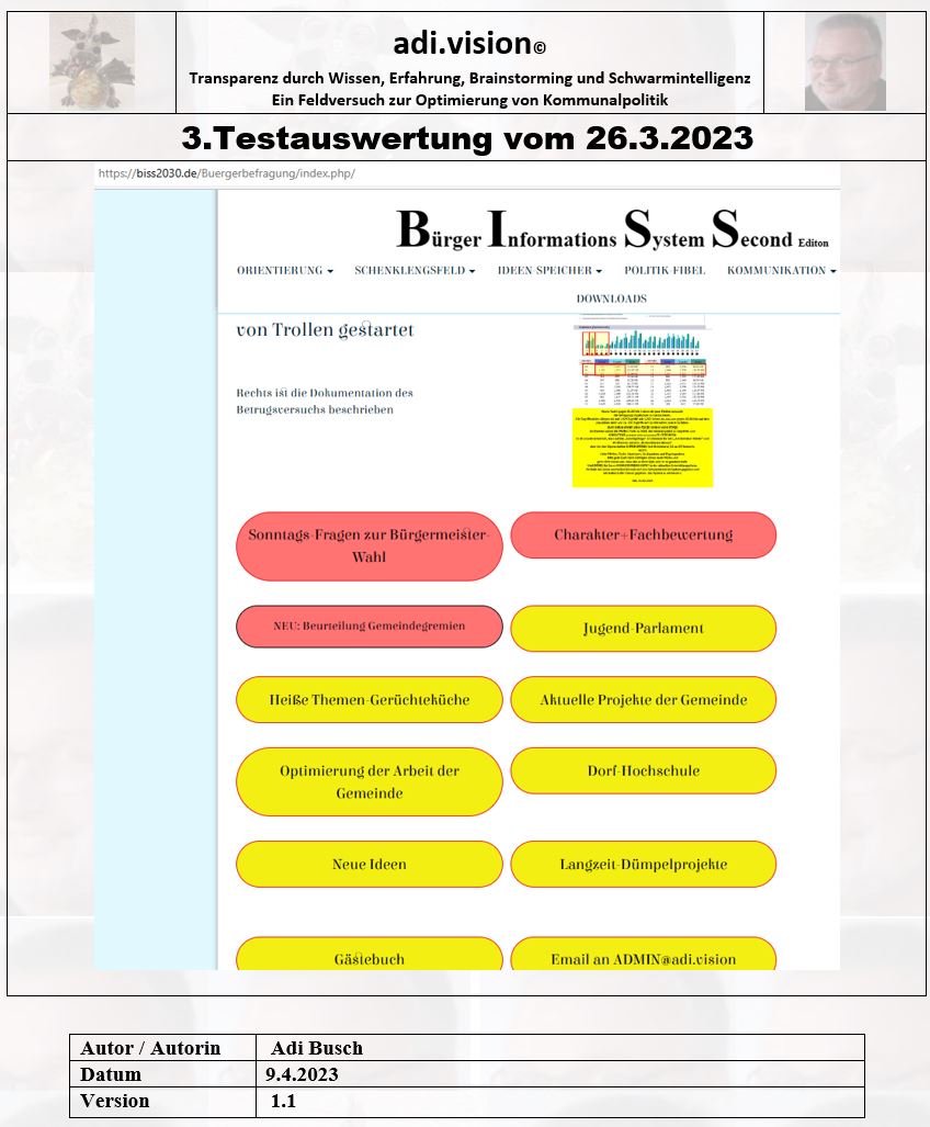 Ergebnis der BISS2030-BürgerBefragung Stand 31.März 2023 Die Befragung ist NOCH NICHT REPRÄSENTETIV - Sie zeigt lediglich MEINUNGS-TRENDS an