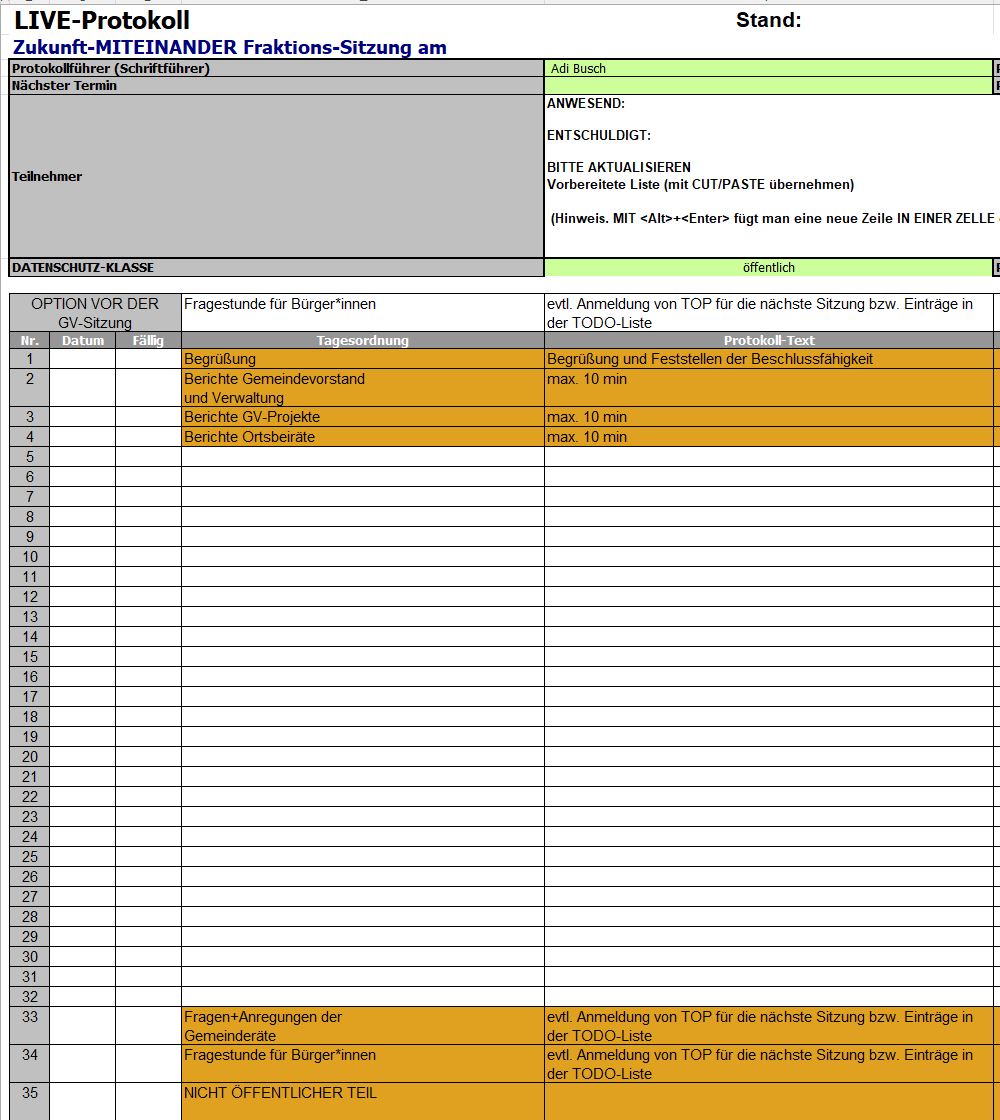 Ein PROTOKOLL ist ein ARBEITSMITTEL. Diese EXCEL-Vorlage ermöglicht es, DIREKT während einer Sitzung, am Ende eines Tagesordnungspunktes, EDINDEUTIG vor allen Beteiligten ausformuliert werden.